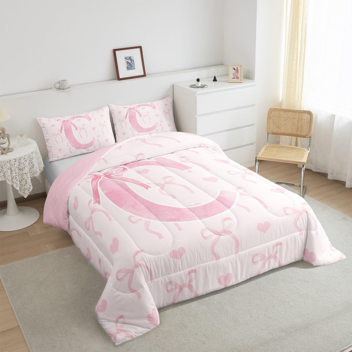 Erosebridal Initial Alphabet C Bedding Set Twin Size for Kids Girls Pink Letter Comforter Set Aesthetic Coquette Bowknot Comforter Geometric Butterfly Knot Room Decor Warm Cute Love Heart Duvet Quilt