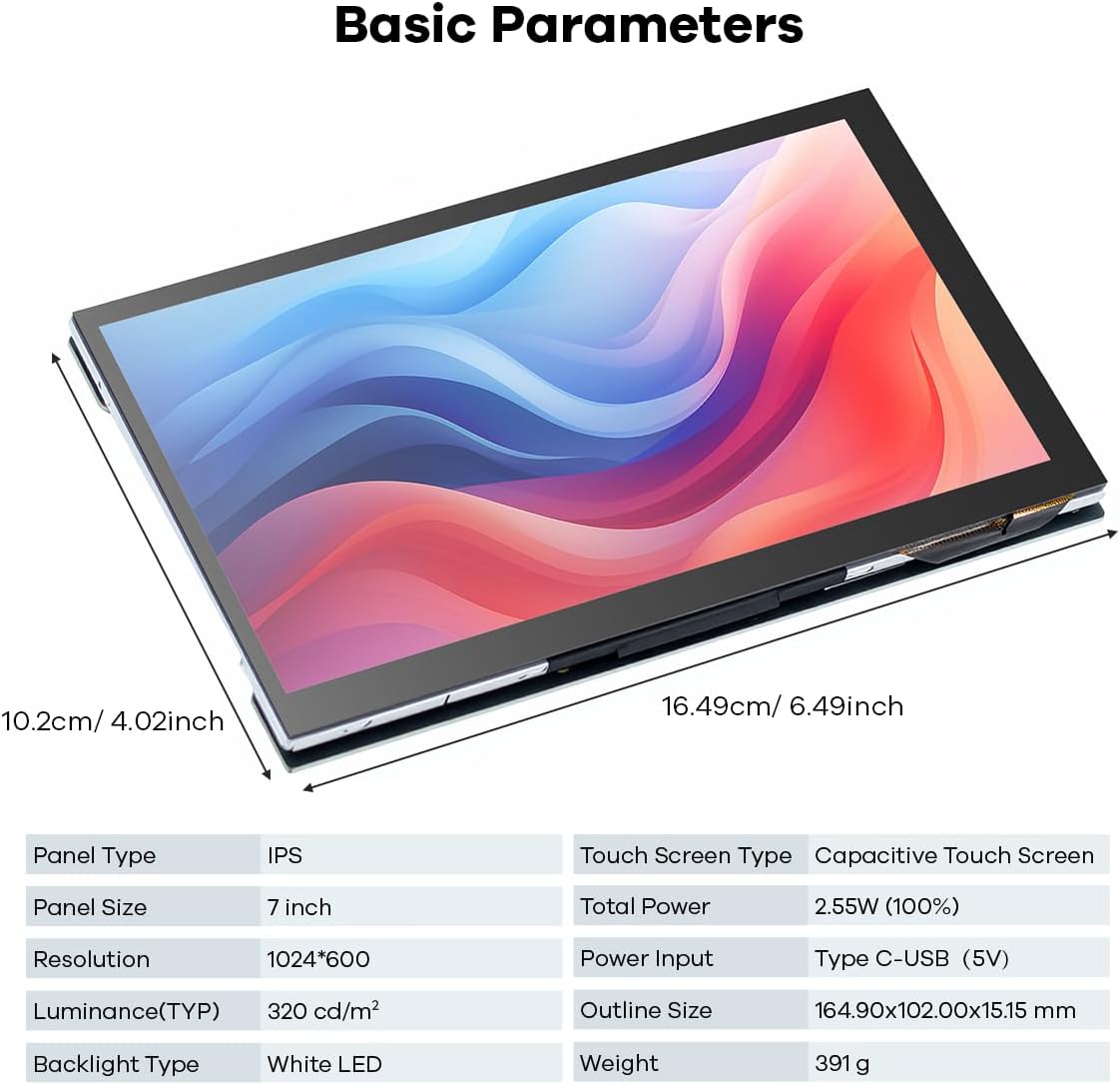 Image showing the basic parameters and dimensions of the 7-inch display, including panel type, resolution, and physical size.