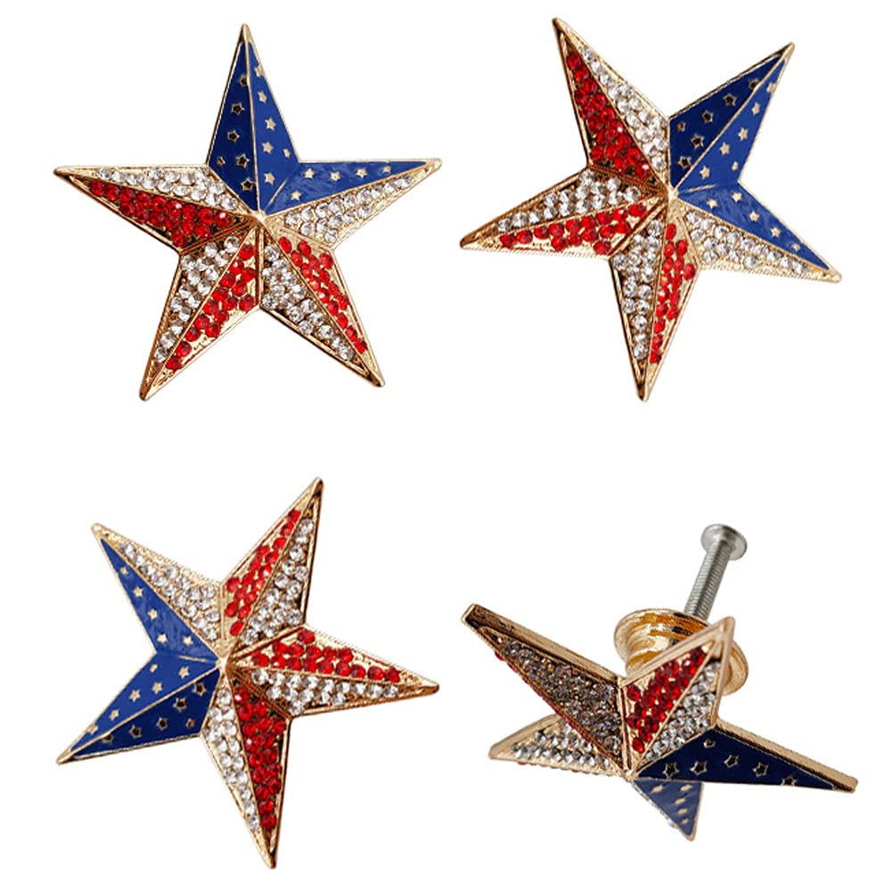 haowei Five-Pointed Star Knobs 4 Pcs American Flag Color Creativity Pentagonal Kitchen Cabinets Dresser Knobs Drawers Pulls Wardrobes Cupboard Door Furniture Hardware Accessories Decorative Handle