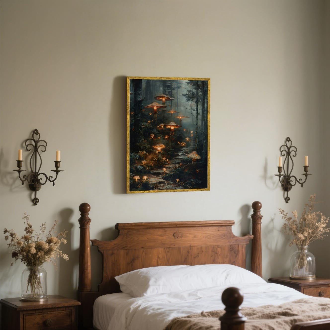 Balsuka Fantasy Wall Art Glowing Mushroom Magical Forest Poster Nature Landscape Enchanted Woodland Canvas Print Dark Academia Decor Whimsical Mystical Fungi Pictures for Bedroom 8x12inch Gold Frame - Image 4