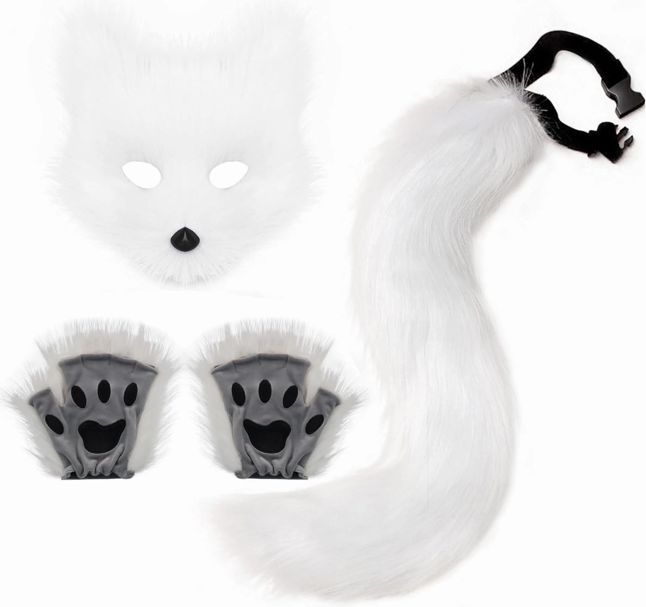 Therian Mask Tail Gloves Paw Set Animal Gear Cat Fox Wolf Masks Dress Up Cosplay Party Women Furry Faux Fur Fingerless (Pure White)
