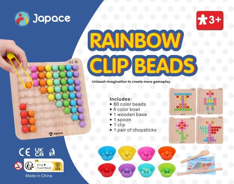 Japace Montessori drewniane koraliki do gry planszowej, zabawka od 2, 3, 4 lata, gra edukacyjna, tęczowa, puzzle, przedszkole, zabawka edukacyjna, prezent dla dzieci, dziewcząt i chłopców