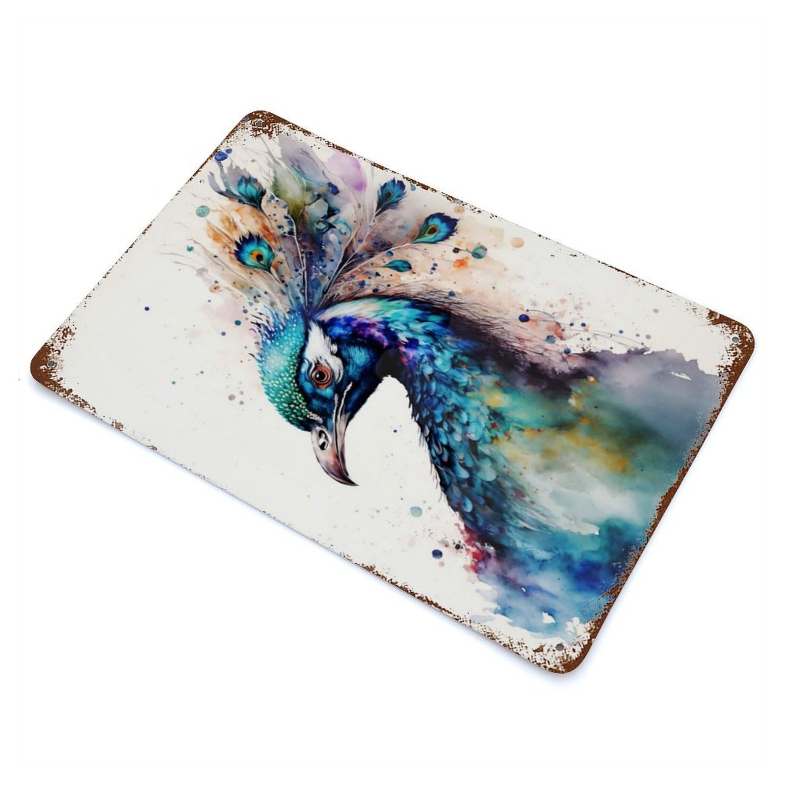 Garage Style Peacock in Watercolor Rust Effect Tin Sign 11.8"x7.9", Classic Wall Plaque for Bar And Workshop