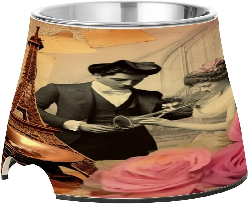 YETTASBIN Vintage Paris Tower Elevated Dog Bowls, Prevention of Vertebrae Disease Raised Dog & Cat Bowl Stand with Removable Stainless Steel Bowls, Non-Slip Spill-Proof Pet Food & Water Bowl Dish