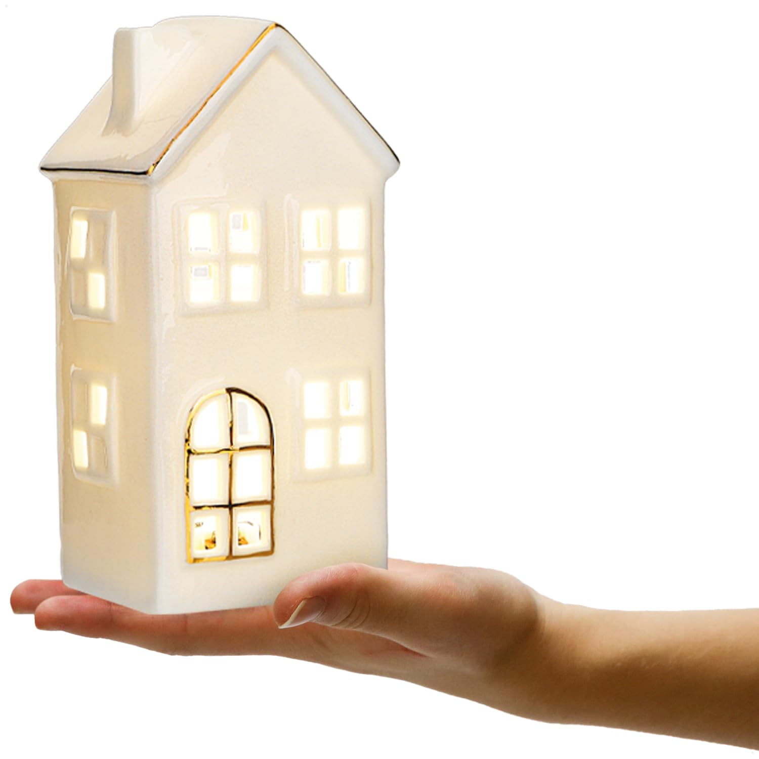 COM-FOUR® Domek LED z porcelany - latarnia na baterie - biala blyszczaca dekoracyjna latarnia do dekoracji zimowych i swiatecznych (Domek - 15cm)