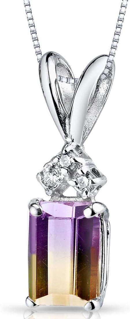 PEORA Ametrine with Genuine Diamond Pendant in 14 Karat White Gold, Elegant Solitaire, Radiant Cut, 7x5mm, 1 Carat total, Real Ametrine Necklace, Dainty, Pretty Gemstone Necklace, w/Jewelry Box