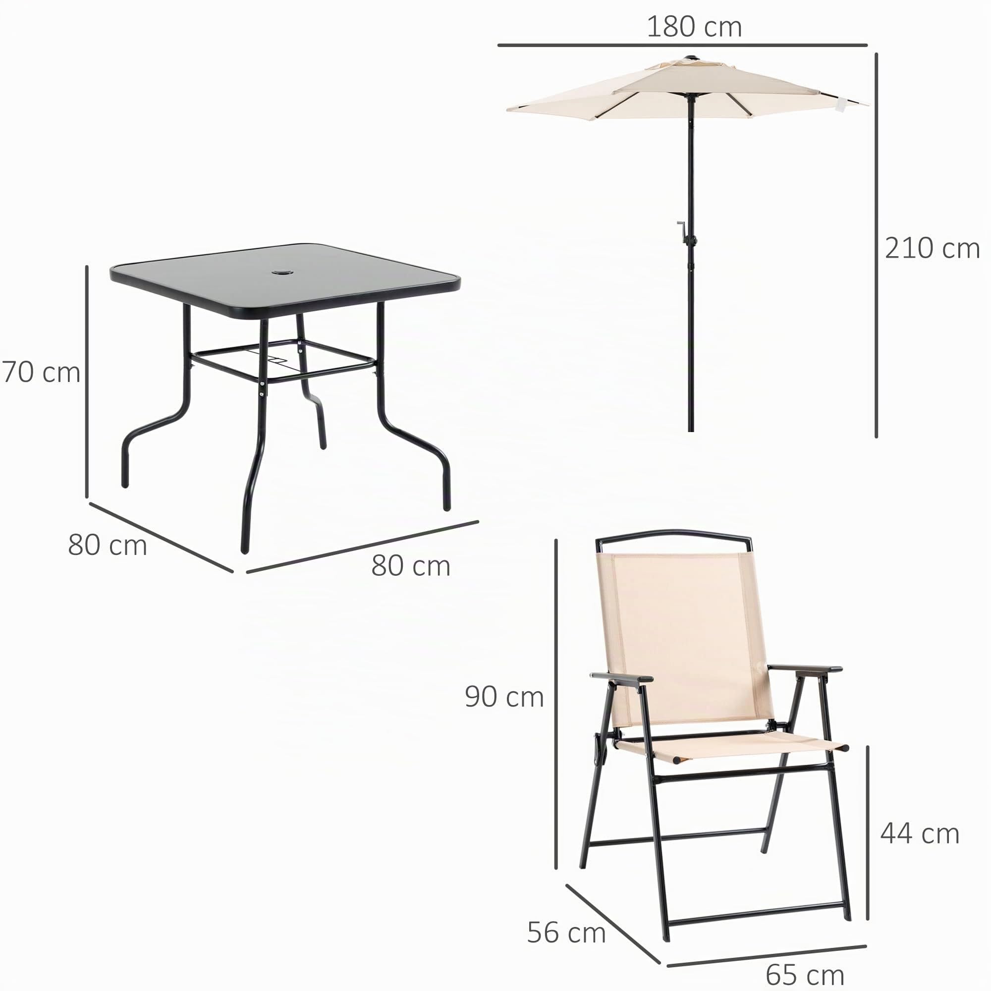 Outsunny Conjunto de Muebles de Jardín con 4 Sillas Plegables Mesa de Comedor de Vidrio y Sombrilla Inclinable Protección del Sol para Patio Terraza Exterior 80x80x70 cm Beige