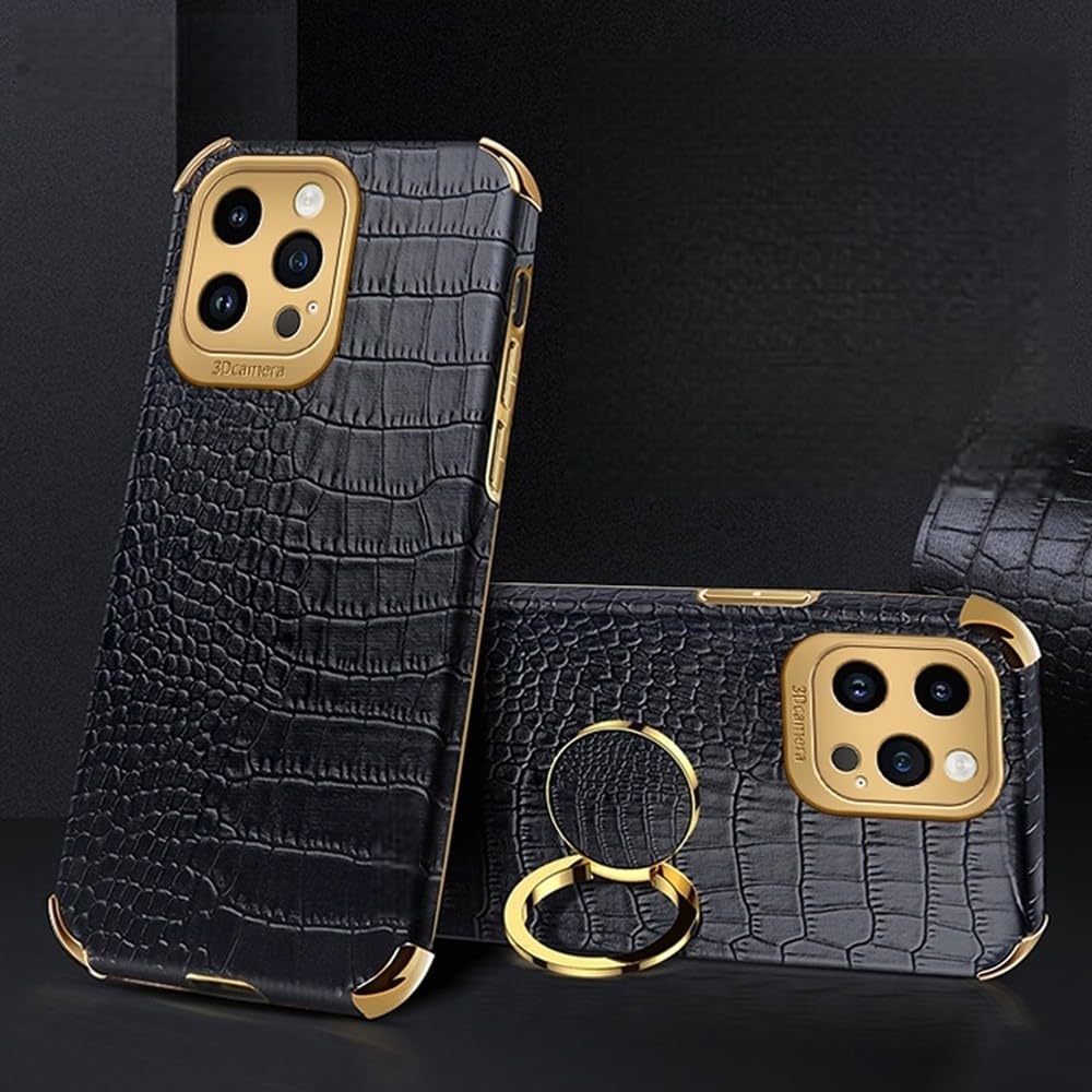 Funda de Silicona con Revestimiento de Piel y patrón de cocodrilo para iPhone 17, 16e, 15, 14, 13, 12, 11 Pro MAX y 16 Plus/Mini. Color Negro. También Disponible para iPhone 14 Pro.