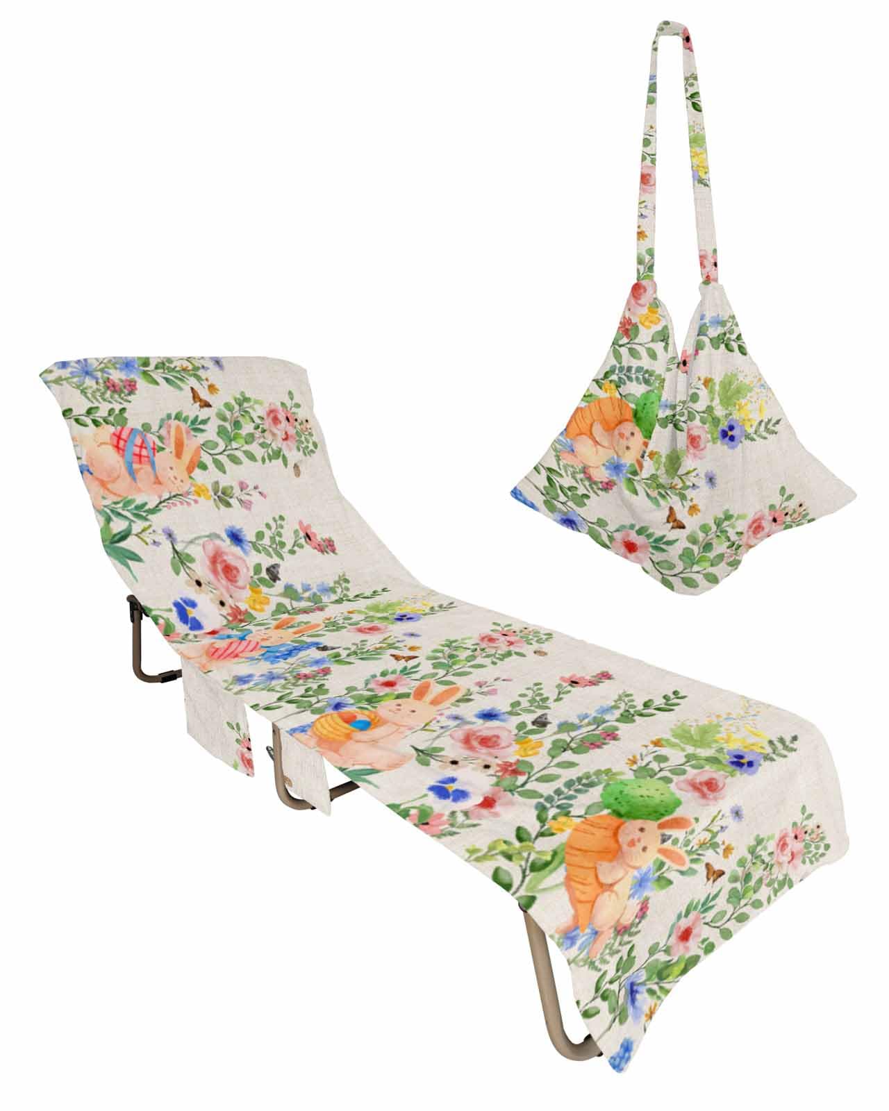 Spring Floral Easter Beach Lounge Chair Towel Cover, Soft Chaise Lounge Towel with Side Pockets Patio Pool Chairs Cover for Beach/Pool Sunbathing 29x85 Watercolor Bunny Colorful Flowers Botanical