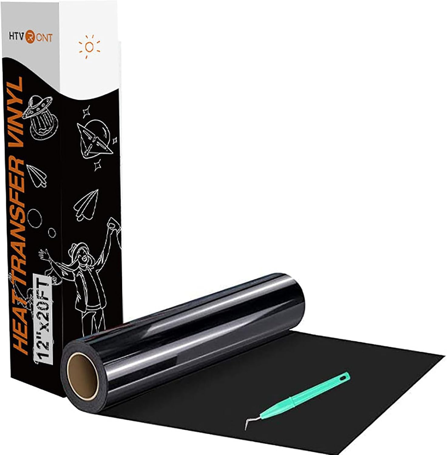 HTVRONT Plotterfolie Textil, 30,5cm x 6,1m (Schwarz) | PU Flexfolie, Zum Aufbügeln, Für T-Shirt & Stoffe, Einfach zu entgittern & zu bügeln, Für alle Plotter