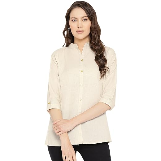 Vastraa Fusion Women's Solid Mandarin Collar 3/4 Sleeve Casual Shirt Lightweight Cotton Top