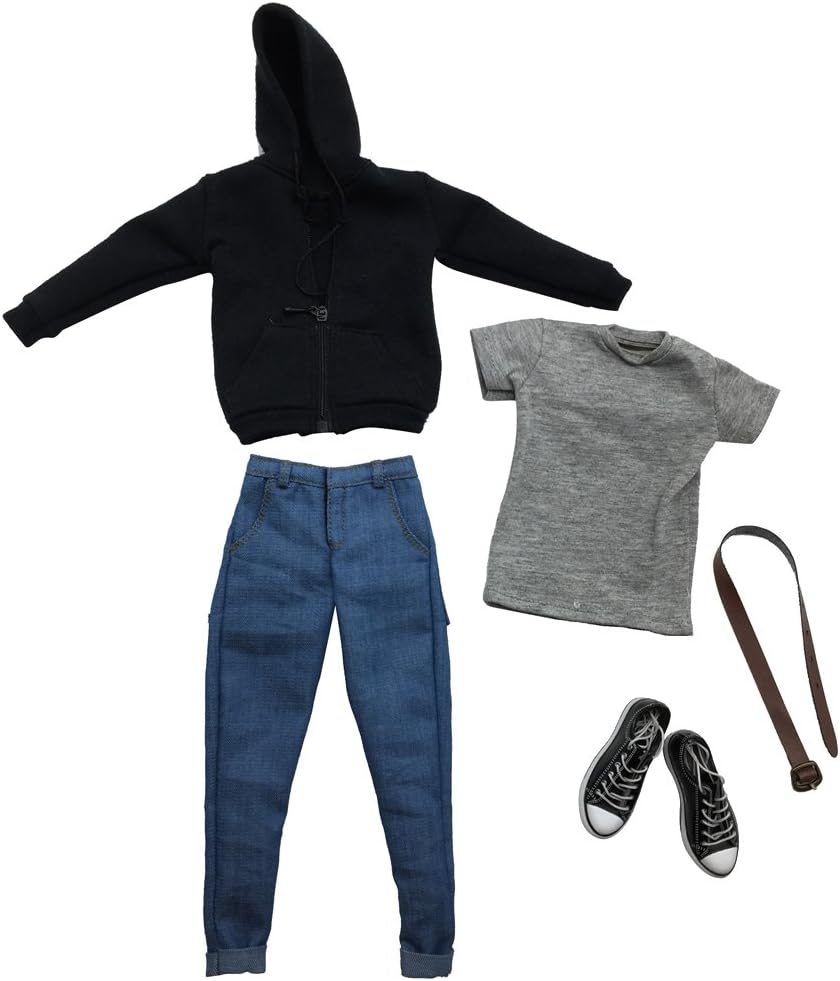 1:6 Black Hoodie Tee Jeans Outfit Shoes for 12" BBI Dragon Figure