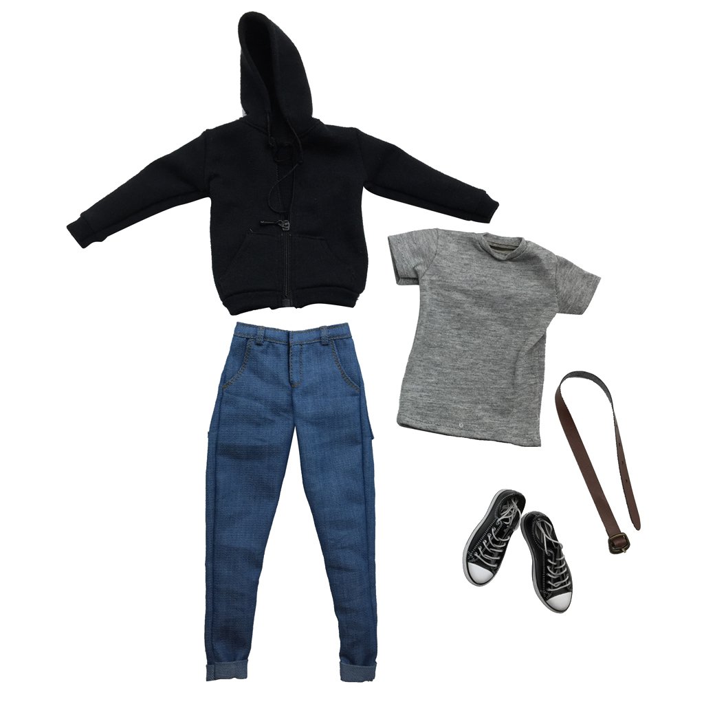 1:6 Black Hoodie Tee Jeans Outfit Shoes for 12" BBI Dragon Figure