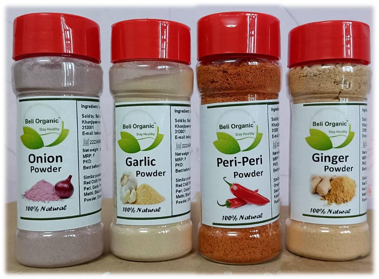 Beli Organic 100% Natural Onion Powder (50gm), Ginger Powder (50gm), Garlic Powder (50gm) and Peri-Peri Powder (60gm) Combo Pack of 1 Each (210 gm) with Sprinkler Cap Bottles for Cooking, Seasoning & Flavoring (B0DFHJTX7S) Amazon Price History, Amazon Price Tracker