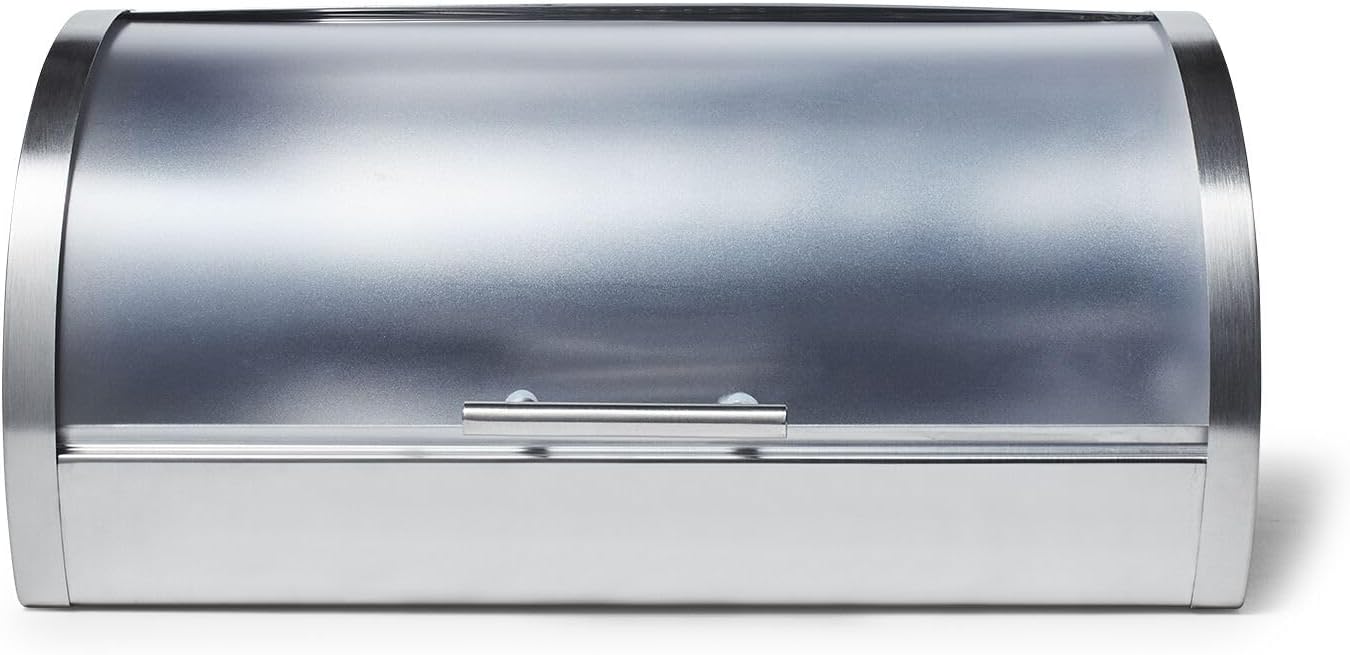 Sur La Table Stainless Steel Bread Box – 14.8" Countertop Holder for Loaves, Bagels, Cookies & Baked Goods, Sleek Storage with Lid, Durable & Easy to Clean