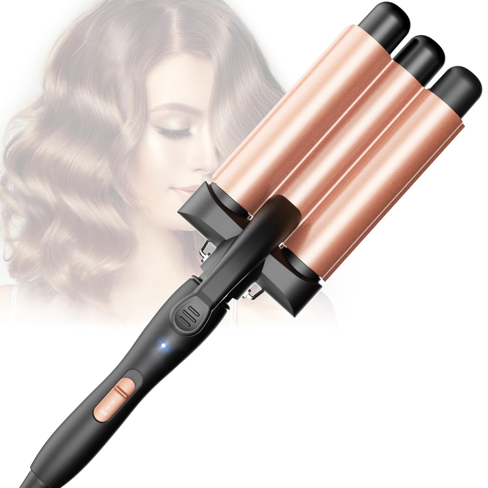 Lockenstab 3 Fässer, Beach Waves Welleneisen mit einstellbarer Temperatur, PTC Schnellheizung Schnelle Erwärmung, Lockenstäbe für alle Haartypen, Roségold