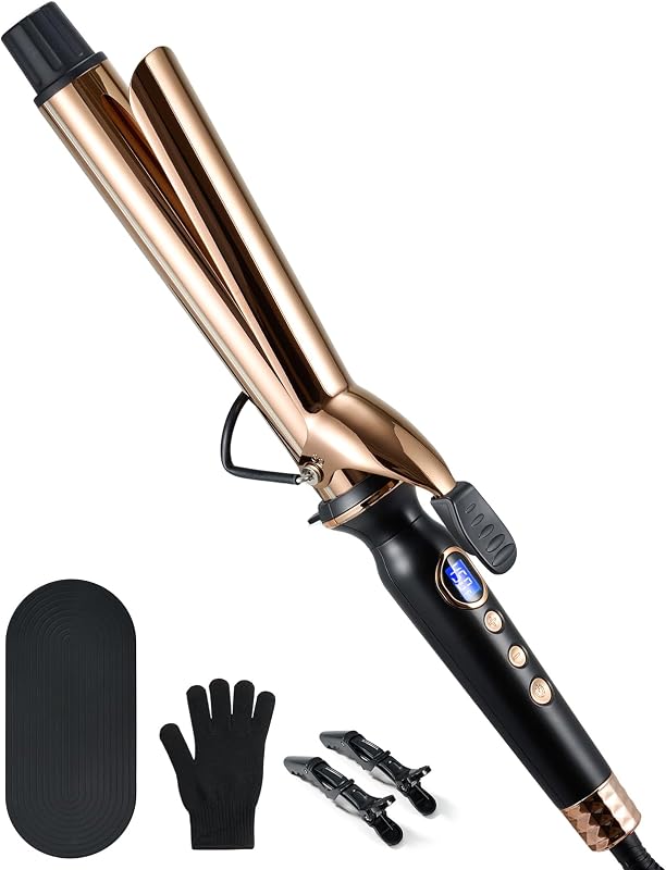 Rizador de titanio de 1,25 pulgadas con barril largo, rizador extra largo para cabello largo, rizador de 1 1/4 pulgadas con calentador PTC dual, 12 configuraciones de calor, apagado automático de 60 minutos y voltaje dual