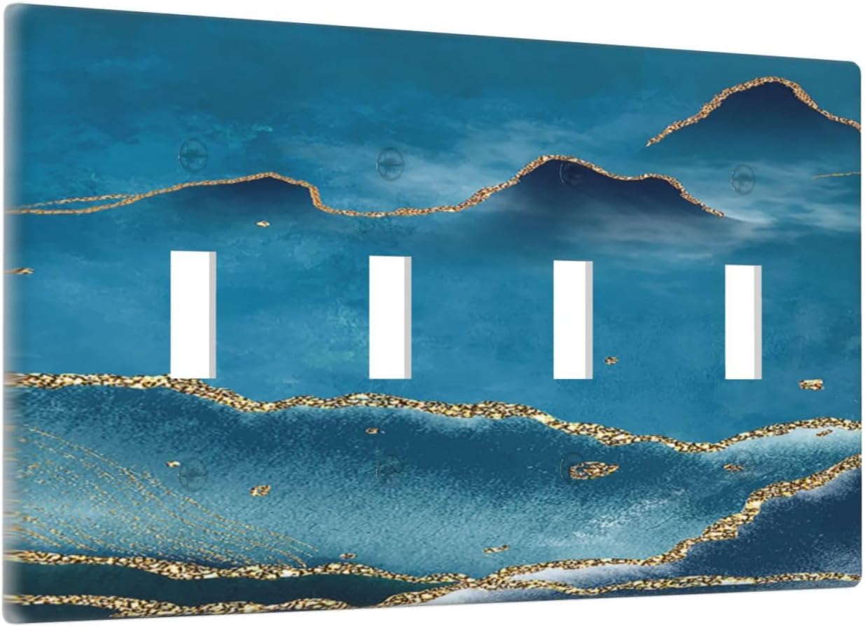 Light Switch Cover Plate Abstract Blue Marble Mountain View 4 Gang Quad Toggle Wall Plate Electrical Outlet Cover Decorative Switch Plate Covers for Bedroom living Room Decor