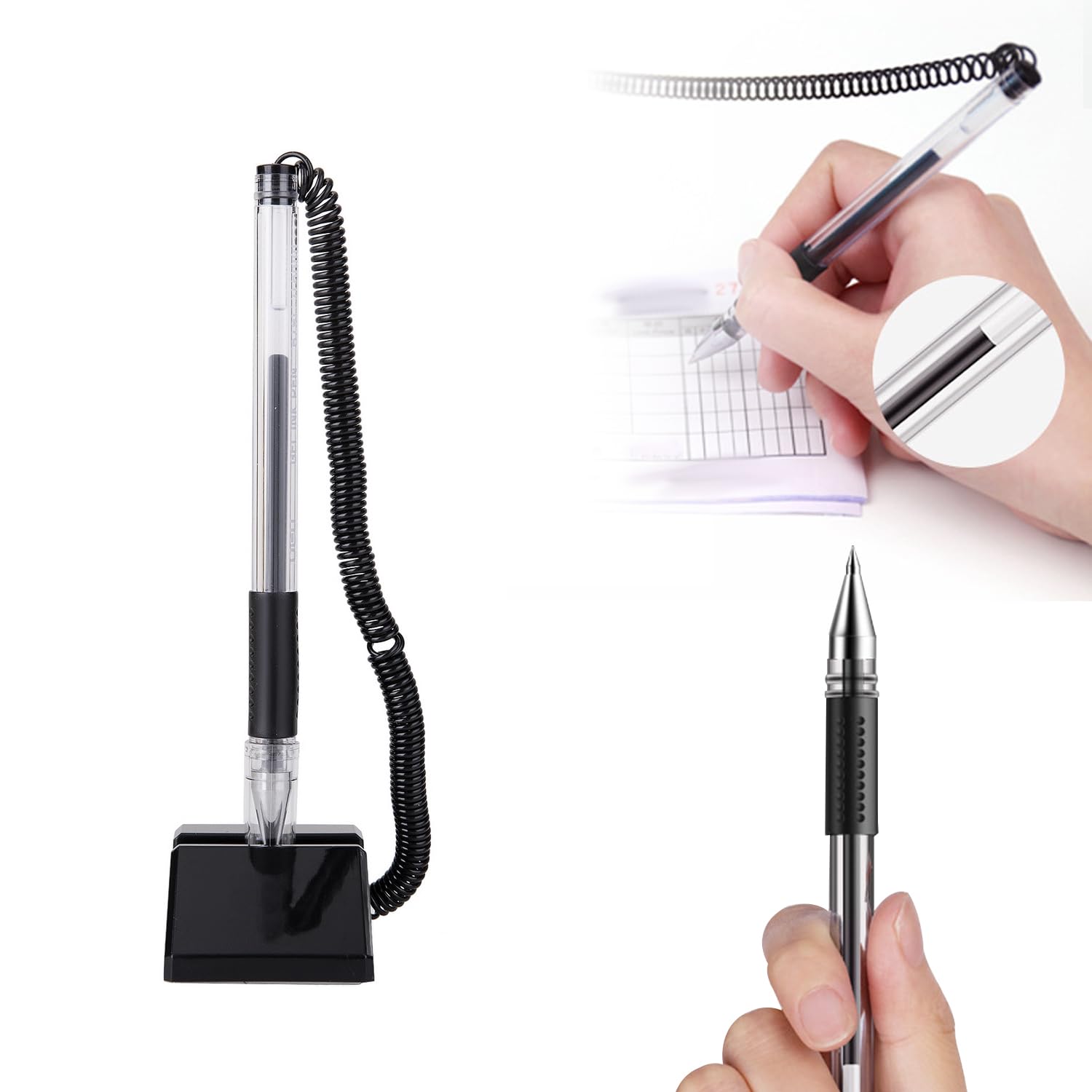 LUTER 4 Penne Con Catena E Base – + 16 Ricariche – Penna Sicura Per Ufficio, Banca E Sportelli – Catena Metallica 58cm