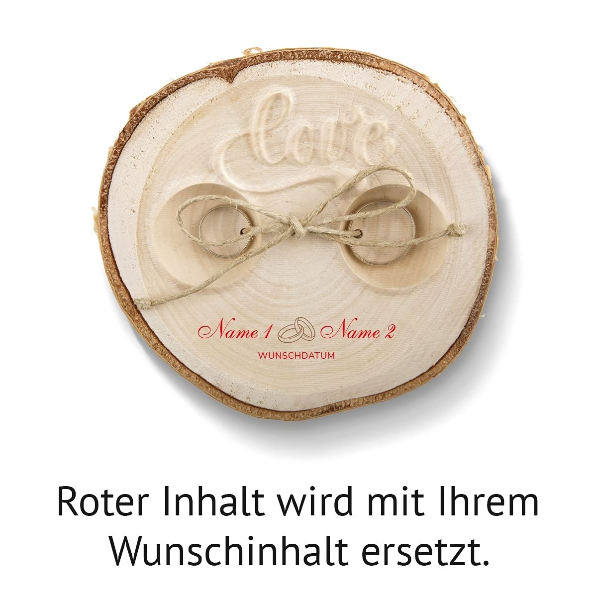 Kartenmachen.de Individuelles Hochzeit Ringkissen Love Birkenscheibe inkl. Text Namen Gravur ca. 11 cm Durchmesser - Zwei Ringe Motiv
