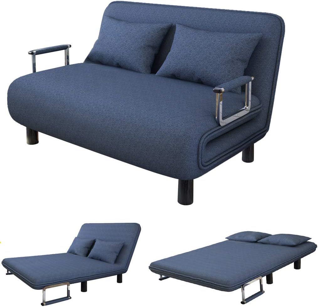 Convertible Sofa Bed with Pillow, Folding Chair Bed with Armrest, Double Sleeper Lounger Couch Bed, Napping Bed for Home Office Furniture (Blue)