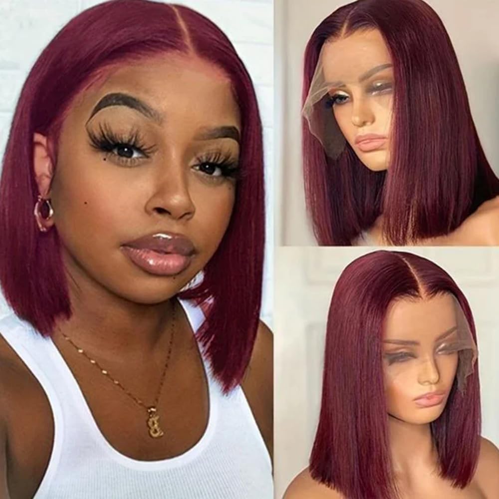 Short Bob Straight Dark Wine Burgundy 99J Colored Middle Part Nature Baby Hair13x4 HD Transparent Lace Front Wig 150% Density Glueless Wig 100% Human Hair Brazilian remy hair For Black Women