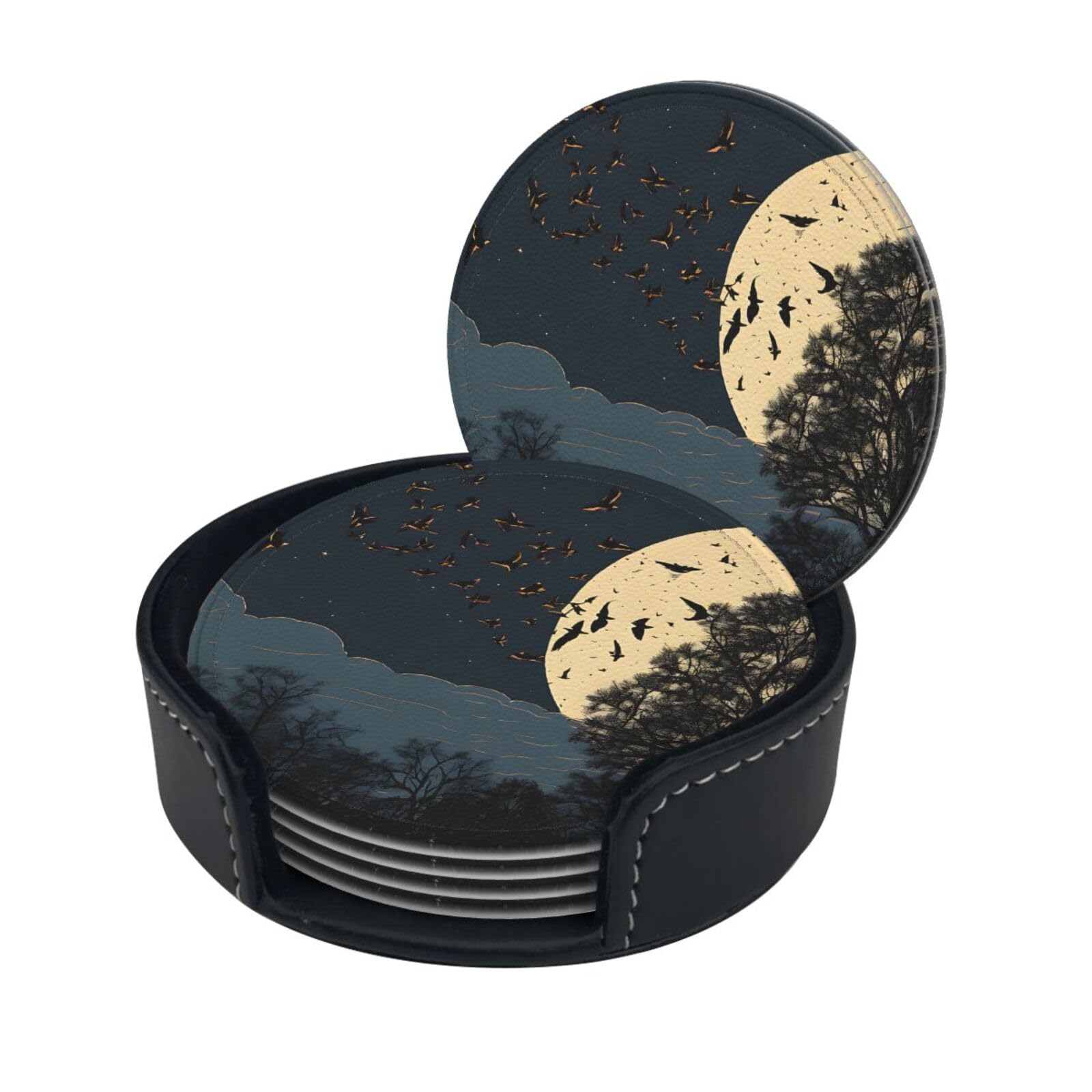 Night Crow Print Print Coaster,Round Leather Coasters with Storage Box for Wine Mugs,Cold Drinks and Cups Tabletop Protection (6 Piece)