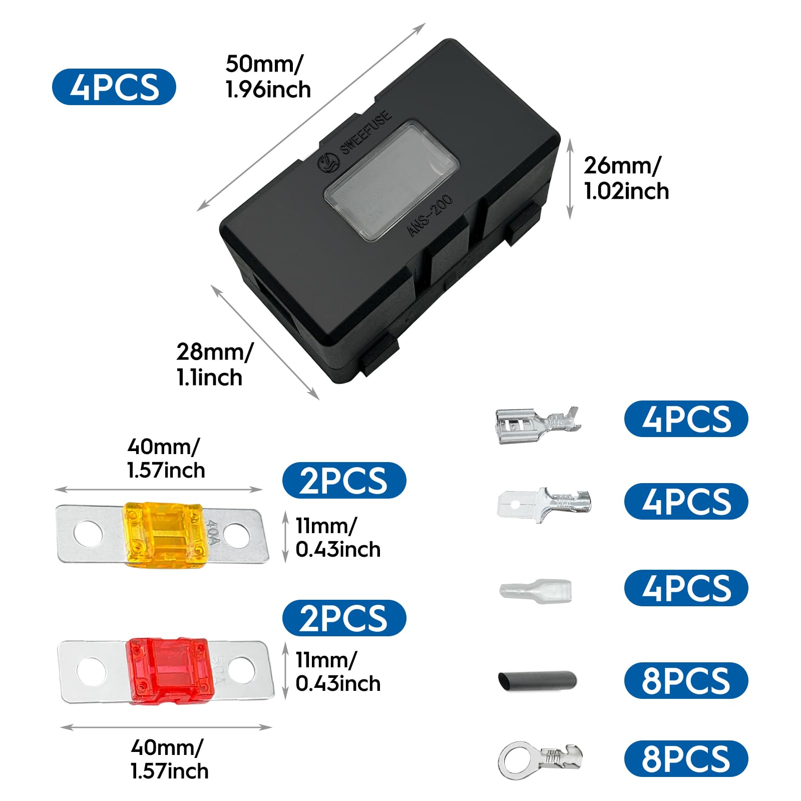 Lot De 4 Porte-fusibles Midi + Fusibles 40A/50A - Pour Voiture, Camion, Bateau - Avec Accessoires De Installation