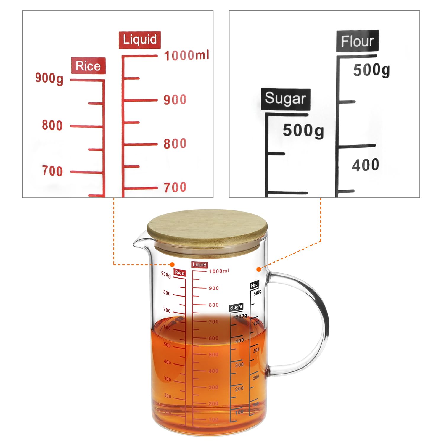 QWORK® Kubek z miarką 1 l, ze szkła borokrzemowego z bambusową pokrywką, wiele podziałek, odporny na wysokie i niskie temperatury, nadaje się do kuchenki mikrofalowej do pieczenia