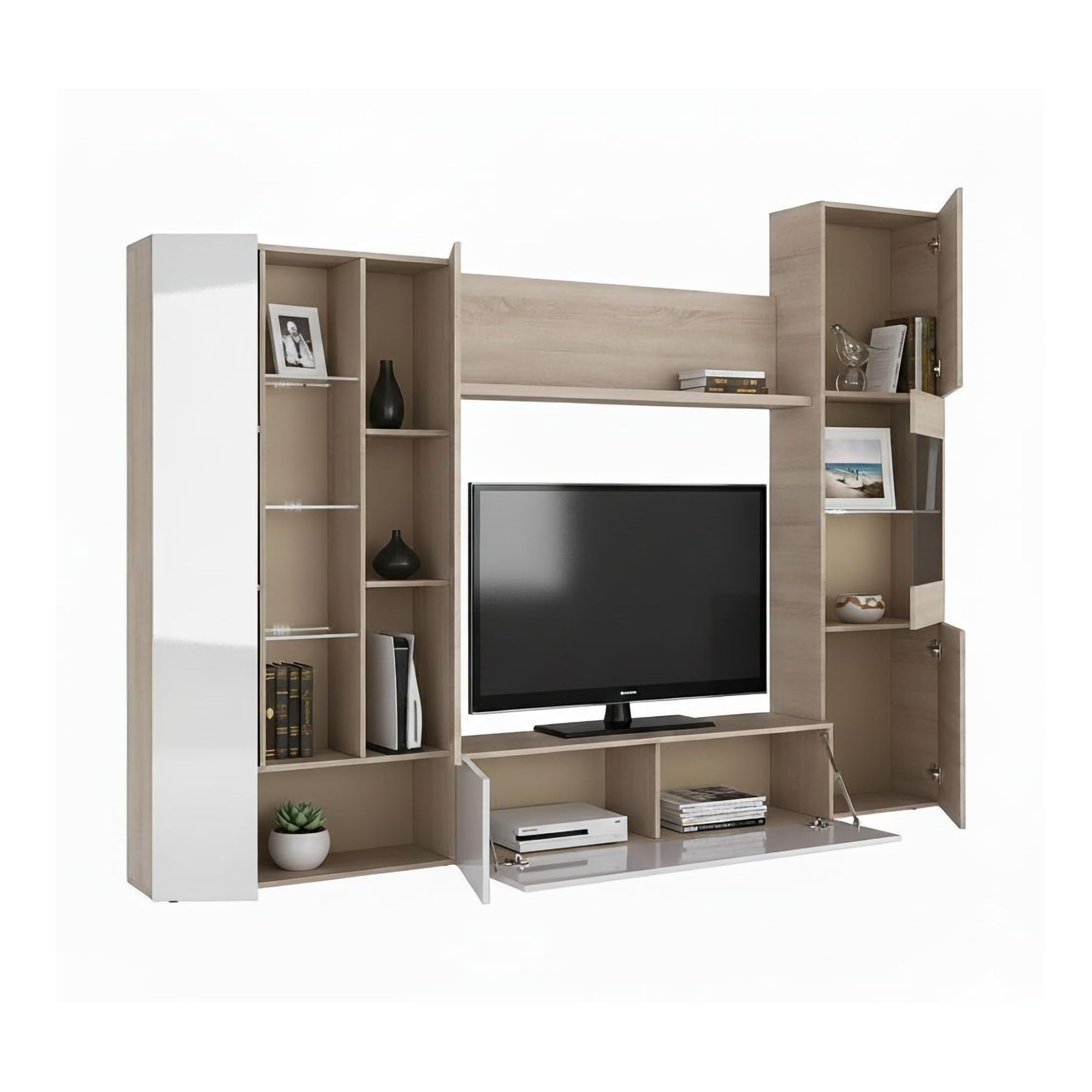 Habitdesign Modèle Essential Meuble TV compact 260 cm, finition chêne canadien et blanc brillant, dimensions : 185 x 260 x 42 cm (H x l x P).