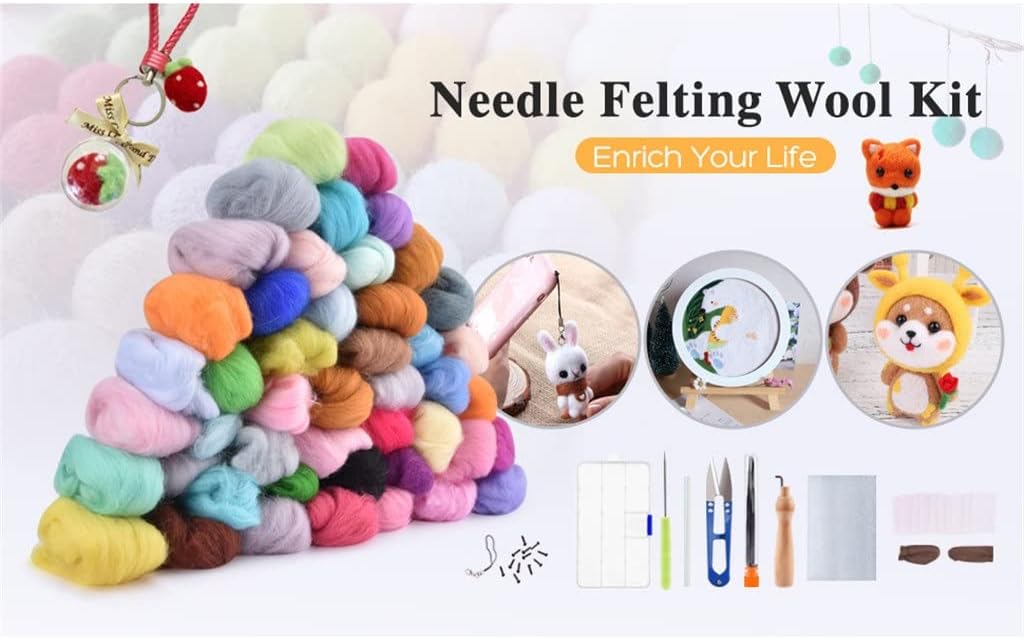 50 Colors Wool Needles Felting Kit tural Fiber Wool Yarn Roving Handmade Felt Needle Set Wool Felt DIY Craft Kit (Color : As Shown Size : One Size)