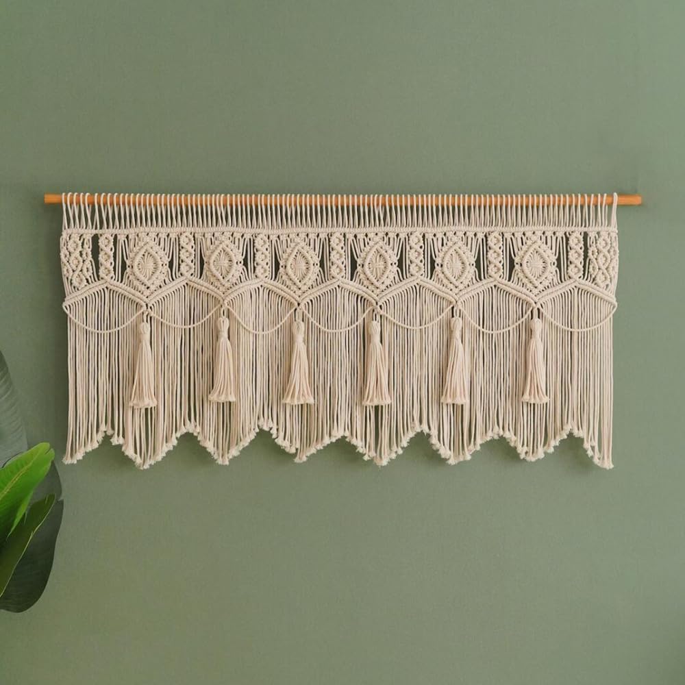 Rideaux en macramé beige bohème avec pompons tissés à la main - Rideau de porte de cuisine moderne pour balcon et suspension murale