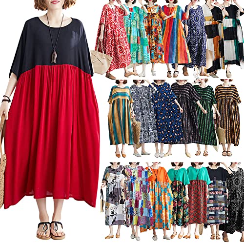 Versear Women Loose Cotton Linen Dress Mixed Print Boho House Dress With Pockets (One Size, 21) #TOP5