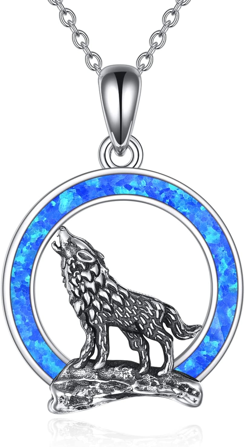 YFN Wolf Necklace Gifts for Men Women Sterling Silver Opal Moon Wolfs Jewelry Birthday 18+2"