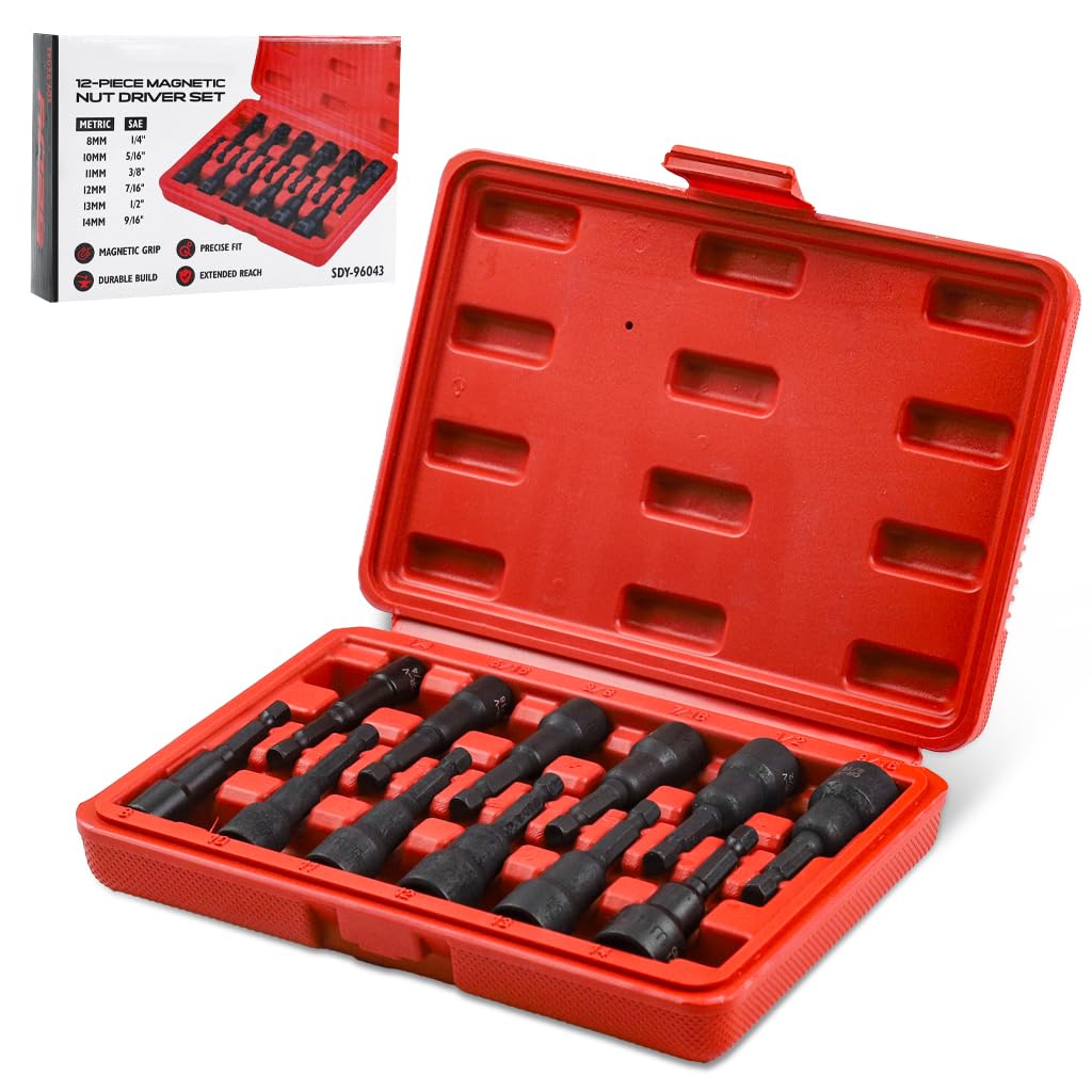 Serplex® 12Pcs Magnetic Nut Driver Set Premium Impact Power Hex Nut Driver Drill Bit Master Kit, Heavy Duty CR-V Hex Nut Driver Drill Bit Set with Carry Case, SAE (1/4" to 9/16") and Metric (6-14mm)