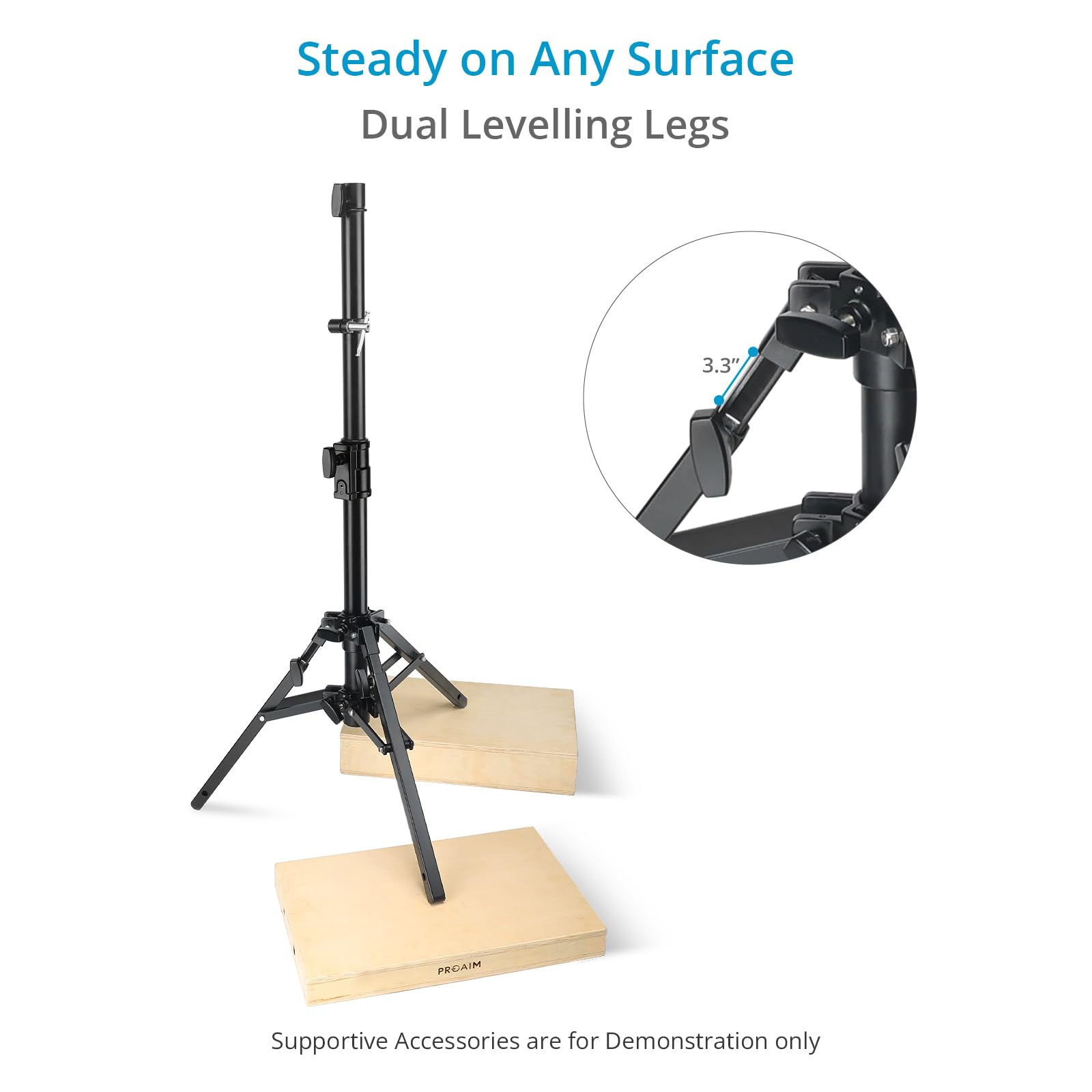 PROAIM 44-Zoll Kamera-Slider-Stativ mit Junior-Pin, 36 kg | Höhenverstellbar 63–112 cm; Stahl-/Alu-Zweistufendesign; 79 cm Standfläche mit 2 Nivellierbeinen.
