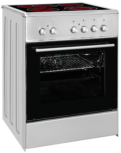Exquisit Standherd ECM 6-4 BZ Inox | Elektro-Standherd | 2-Kreis-Bräterzone | 60 cm | Glaskeramik-Kochfeld | 61 L Garraum | Inox