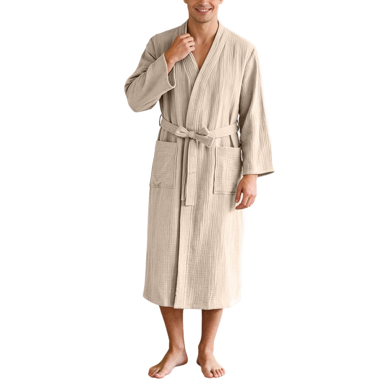 Bata para hombre de estilo kimono largo en algodón ligero monocolor para casa 6