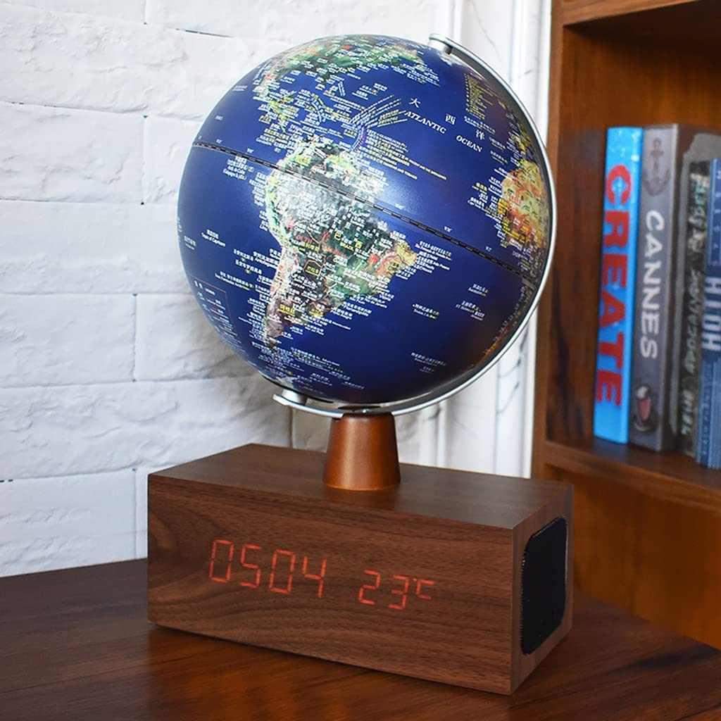 Globo Terráqueo 4 w 1 świecąca kula świata, z Bluetooth, audio, zegar, inteligentna lampa stołowa, 20 cm, światowa kula LED, podwyższona ulga, do sypialni, łatwa do odczytania