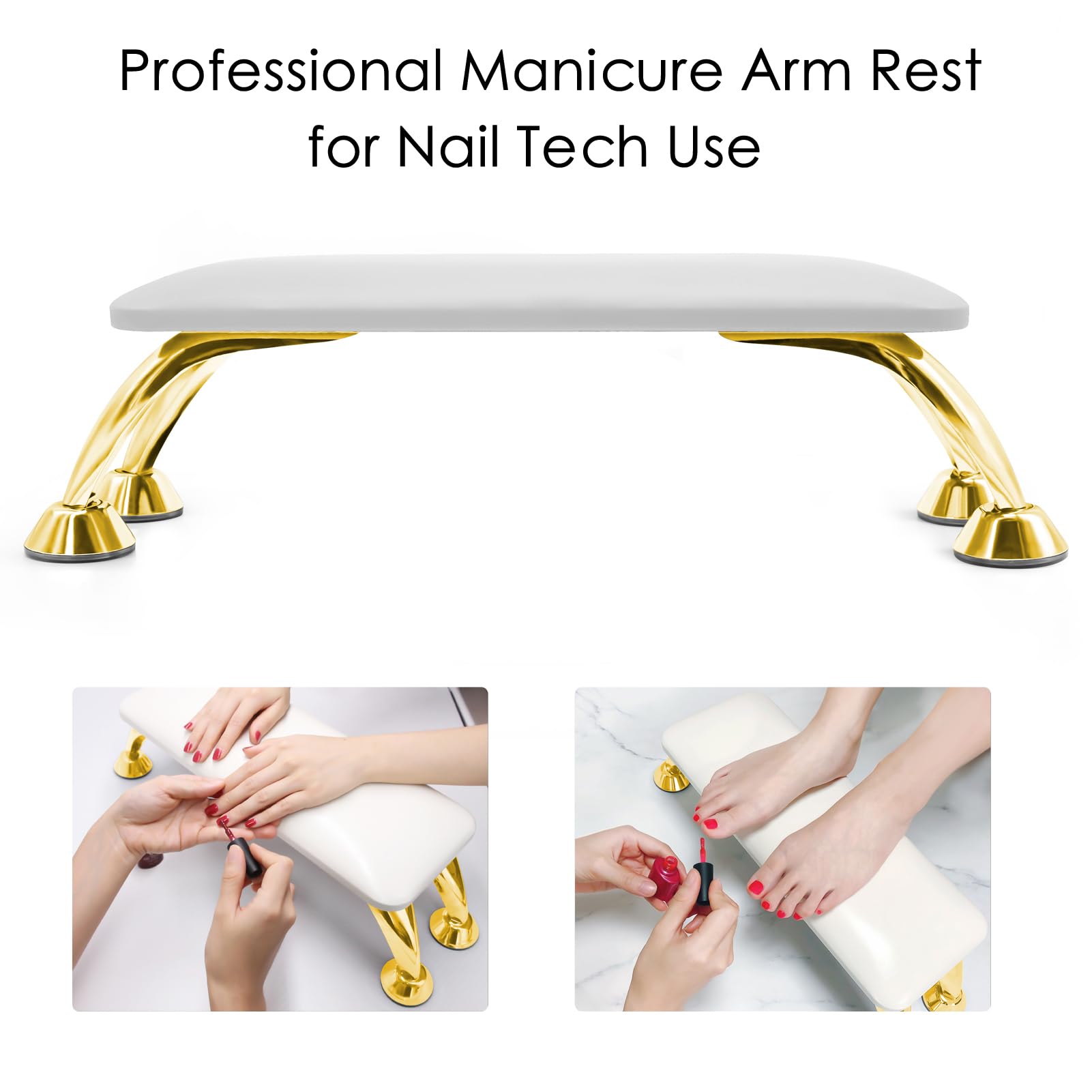 Reposabrazos para uñas Tech suave, cómodo, antideslizante, piel de microfibra, soporte de manos para manicura, soporte técnico con patas de acero inoxidable dorado