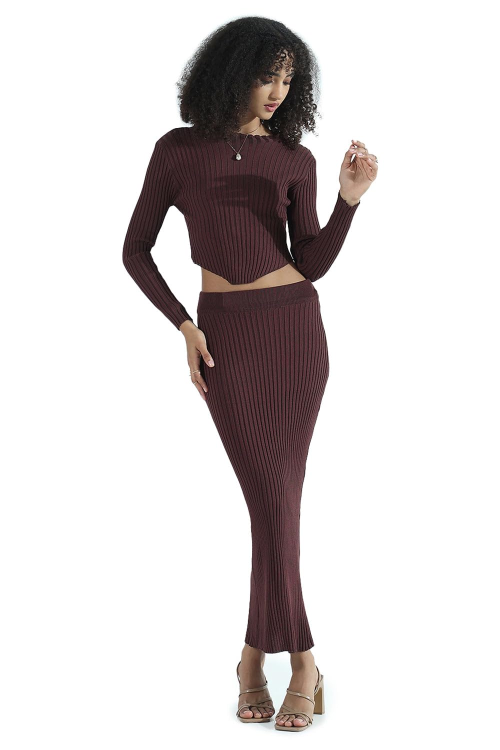 Edition Women's Ribbed Brown Cut Out Top with Maxi Skirt Co-ords Set-CHN-5383_Brown-P
