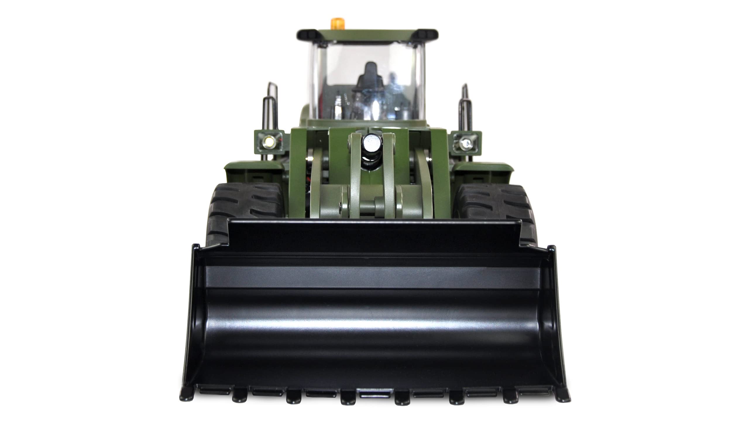 Amewi 22534 Radlader G485E ME Militär 1:14, Teilmetall, Sound, Licht, Rundumleuchte, 10-Kanal, inkl. Schnellwechsler und Paletten-Gabel, RTR, Olivgrün