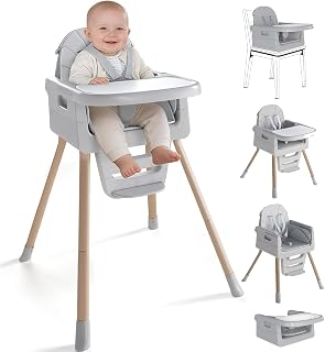 Baby High Chair for 6 Months+, Foldable High Chairs for Babies and Toddlers, Convertible High Chair, Adjustable Tray & Footrest, Portable High Chair & Easy to C