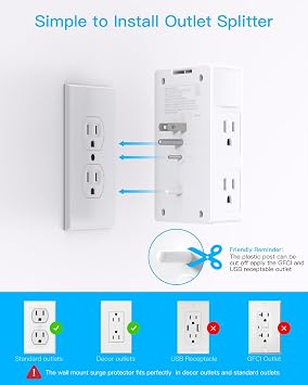 One Beat Surge Protector Wall Outlet Extender, 5 Outlets & 4 USB Ports (2 USB-C), 1680J, 3-Sided Multi Plug Outlet Adapter, Outlet Splitter, Wall Mount, ETL Listed for Home Office Travel