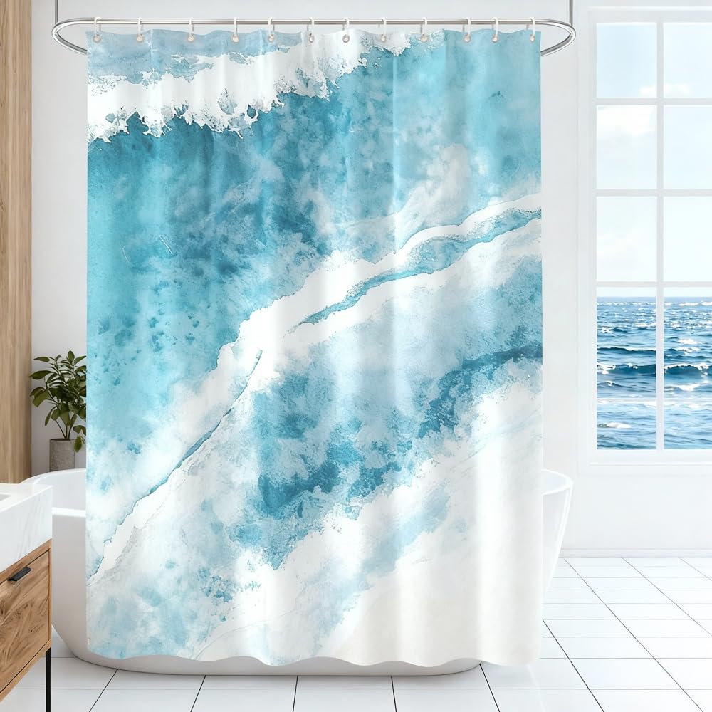 Zafyygh Colorful Abstract Coastal Ocean Wave Shower Curtain - Modern Watercolor Beach And Seafoam Art Bathroom Decor - Blue And Sand Nautical Fabric Curtain, 72X72 Inch