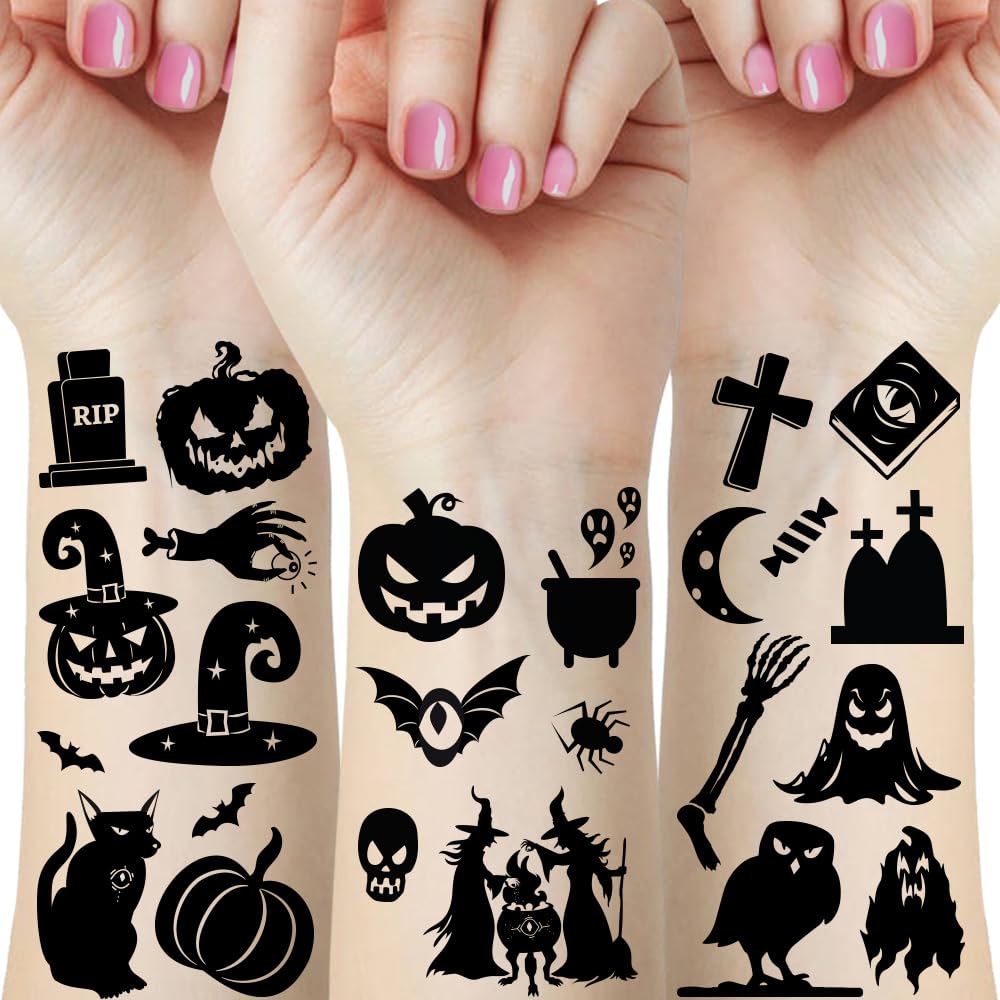 77 Pcs Halloween Temporary Tattoos for Kids, Black Pumpkin Cat Castle Ghost Witch Fake Tattoo Stickers for Halloween Party Decorations Supplies Favors Boys Girls School Gifts Rewards