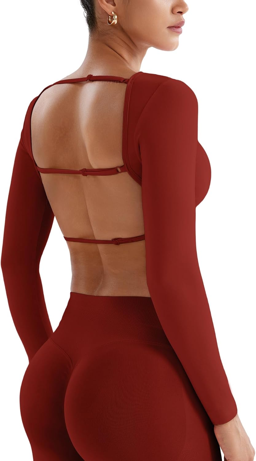 YEOREO Women's Backless Long Sleeve Adjustable Straps Seamless Crop T-Shirt