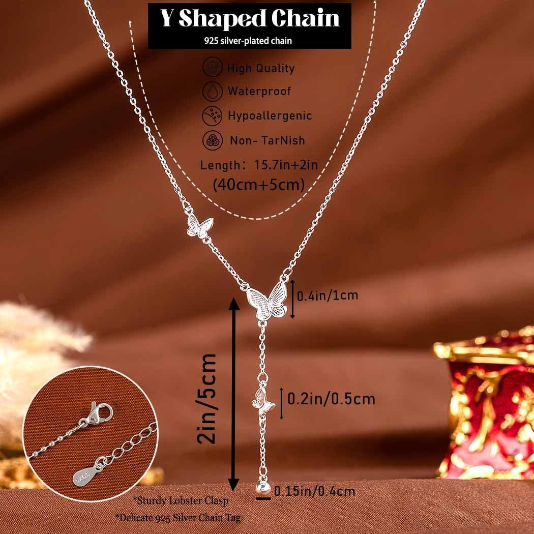Yalice Silver 925 Lariat Necklace for Women Dainty Silver Plated Y Drop Chain Necklaces Butterfly Minimalist Jewelry Gift for Her