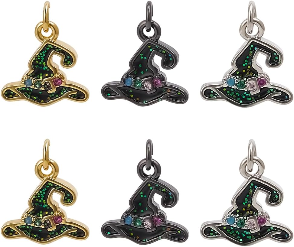 Beebeecraft 1 Box 9Pcs Wizard Hat Charms Real 18K Gold Plated Cubic Zirconia Halloween Witch Hats Charms Black Enamel Gothic Hat Charms for DIY Earrings Bracelets Necklace Jewelry Making