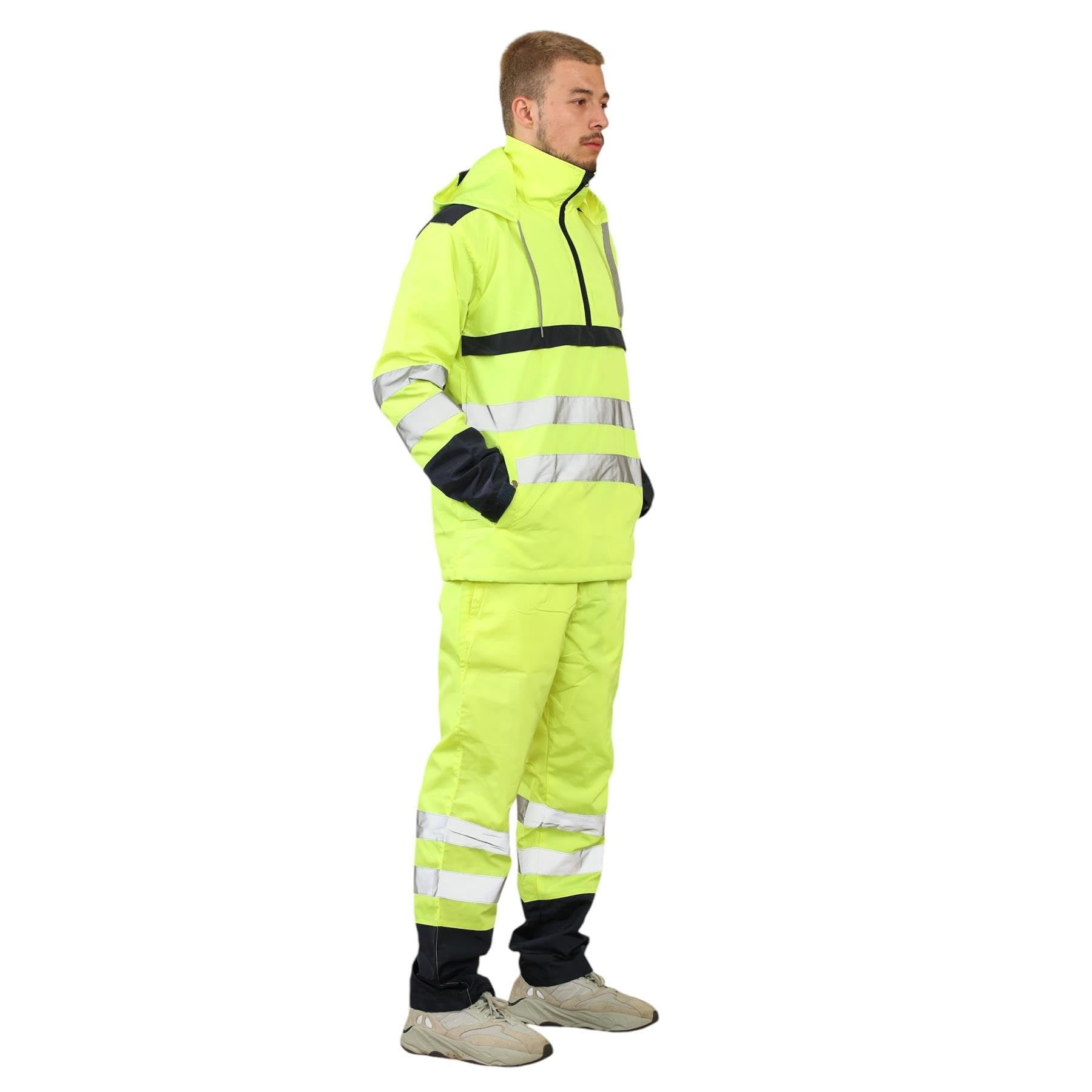Męski kombinezon przeciwdeszczowy Hi Vis, robocza kurtka ostrzegawcza z kapturem, wodoodporne spodnie, elastyczna talia, zestaw odzieży przeciwdeszczowej